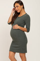 Olive Ribbed 3/4 Sleeve Maternity Dress