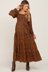 Navy Animal Print Tiered Long Sleeve Maternity Maxi Dress