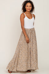 Beige Printed Button Front Hi-Lo Maxi Skirt