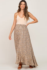 Beige Printed Button Front Hi-Lo Maternity Maxi Skirt