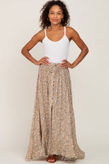 Beige Printed Button Front Hi-Lo Maxi Skirt