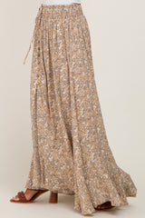 Beige Printed Button Front Hi-Lo Maxi Skirt