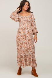 Cream Floral Smocked Long Sleeve Maternity Maxi Dress