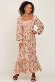 Cream Floral Smocked Long Sleeve Maxi Dress