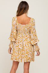 Gold Floral Button Front Long Sleeve Dress