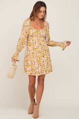 Gold Floral Button Front Long Sleeve Dress