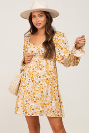 Gold Floral Button Front Long Sleeve Maternity Dress