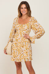 Gold Floral Button Front Long Sleeve Dress