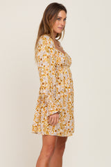 Gold Floral Button Front Long Sleeve Dress