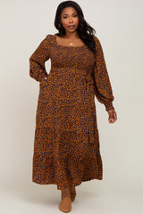 Navy Animal Print Tiered Long Sleeve Plus Size Maxi Dress