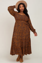 Navy Animal Print Tiered Long Sleeve Plus Size Maxi Dress