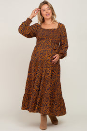 Navy Animal Print Tiered Long Sleeve Maternity Plus Size Maxi Dress