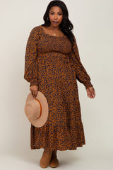 Navy Animal Print Tiered Long Sleeve Plus Size Maxi Dress