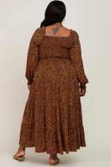 Navy Animal Print Tiered Long Sleeve Plus Size Maxi Dress