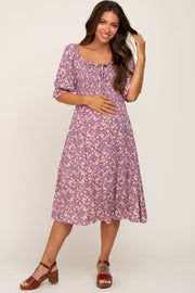 Mauve Floral Smocked Front Tie Maternity Midi Dress