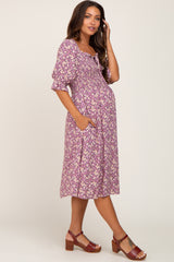 Mauve Floral Smocked Front Tie Maternity Midi Dress