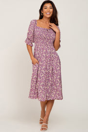 Mauve Floral Smocked Front Tie Midi Dress