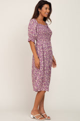 Mauve Floral Smocked Front Tie Midi Dress