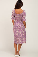 Mauve Floral Smocked Front Tie Midi Dress