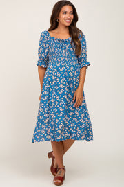 Blue Floral Smocked Front Tie Maternity Midi Dress