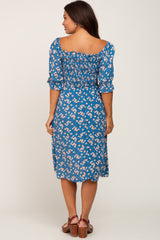 Blue Floral Smocked Front Tie Maternity Midi Dress