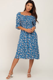 Blue Floral Smocked Front Tie Midi Dress