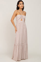 Ivory Striped Halter Cutout Maxi Dress