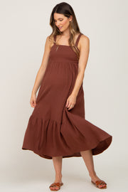 Brown Back Tie Sleeveless Maternity Mid Dress