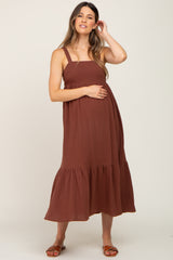 Brown Back Tie Sleeveless Maternity Mid Dress