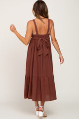 Brown Back Tie Sleeveless Mid Dress