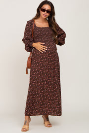 Brown Floral Smocked Square Neck Long Sleeve Maternity Midi Dress