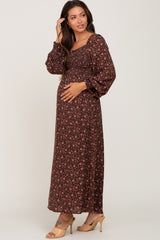 Brown Floral Smocked Square Neck Long Sleeve Maternity Midi Dress