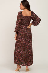 Brown Floral Smocked Square Neck Long Sleeve Maternity Midi Dress