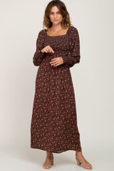 Brown Floral Smocked Square Neck Long Sleeve Maternity Midi Dress