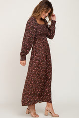 Brown Floral Smocked Square Neck Long Sleeve Midi Dress