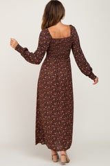 Brown Floral Smocked Square Neck Long Sleeve Midi Dress