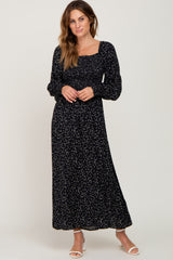 Black Ditsy Floral Smocked Square Neck Long Sleeve Maternity Midi Dress