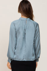 Light Blue Satin Maternity Long Sleeve Blouse