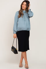 Light Blue Satin Maternity Long Sleeve Blouse