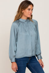 Light Blue Satin Long Sleeve Blouse