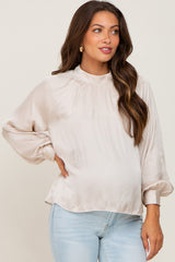 Beige Satin Maternity Long Sleeve Blouse