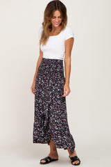 Black Floral Smocked Waist Ruffle Front Skirt