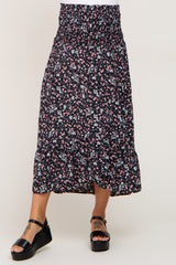 Black Floral Smocked Waist Ruffle Front Maternity Skirt