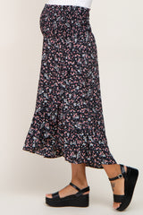 Black Floral Smocked Waist Ruffle Front Maternity Skirt