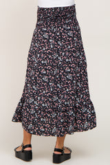 Black Floral Smocked Waist Ruffle Front Maternity Skirt