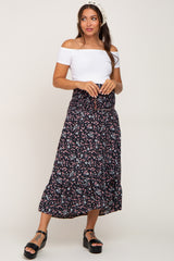 Black Floral Smocked Waist Ruffle Front Maternity Skirt