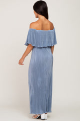 Periwinkle Pleated Ruffle Off Shoulder Maxi Dress