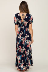 Navy Floral Deep V-Neck Maternity Maxi Dress