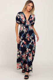 Navy Floral Deep V-Neck Maxi Dress