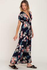 Navy Floral Deep V-Neck Maxi Dress